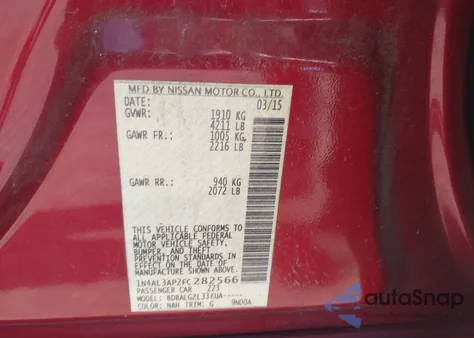 2015 Nissan Altima 2.5/2.5 S/2.5 Sl/2.5 Sv z USA, uszkodzony, nr VIN 1N4AL3AP2FC282566